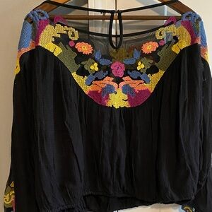Free People Black Floral Embroidered Bubble Top